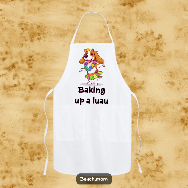Funny Basset Hound apron showing a hula dancer in a lei and skirt, ready to cook up some tropical fun.