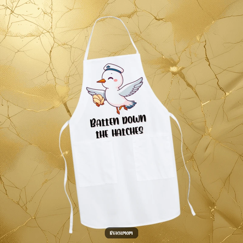 Funny apron with a giggling seagull wearing a sailor cap, flying with a seashell, for cheerful kitchen action.