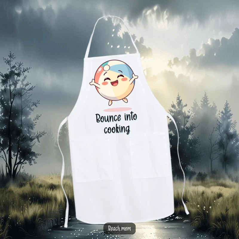 Funny beach ball character apron, shown bouncing with a big grin, bringing playful energy to kitchen tasks, a fun gift.