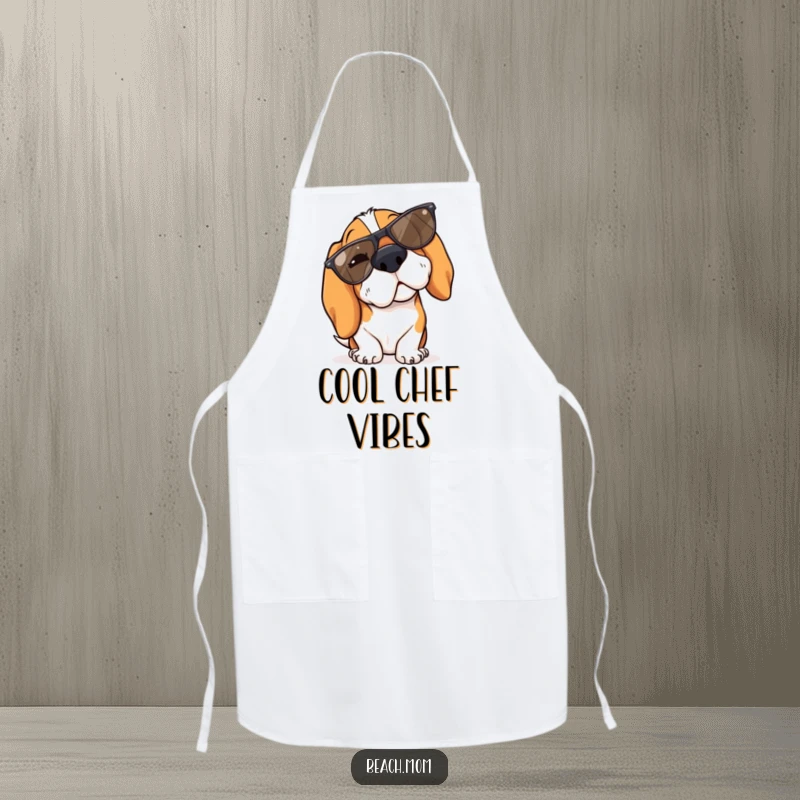 Funny Basset Hound apron showing a dog winking with cool sunglasses tipped on its nose, ready to cook.