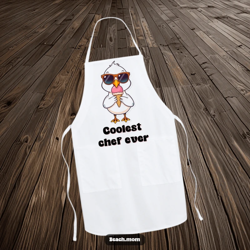 Funny seagull character apron wearing sunglasses, holding an ice cream cone, perfect for cool and humorous kitchen sessions.
