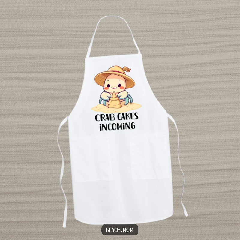 Funny Kawaii Crab Apron: a cute crab chef in a sun hat working on a sandcastle, ideal for kitchen use.