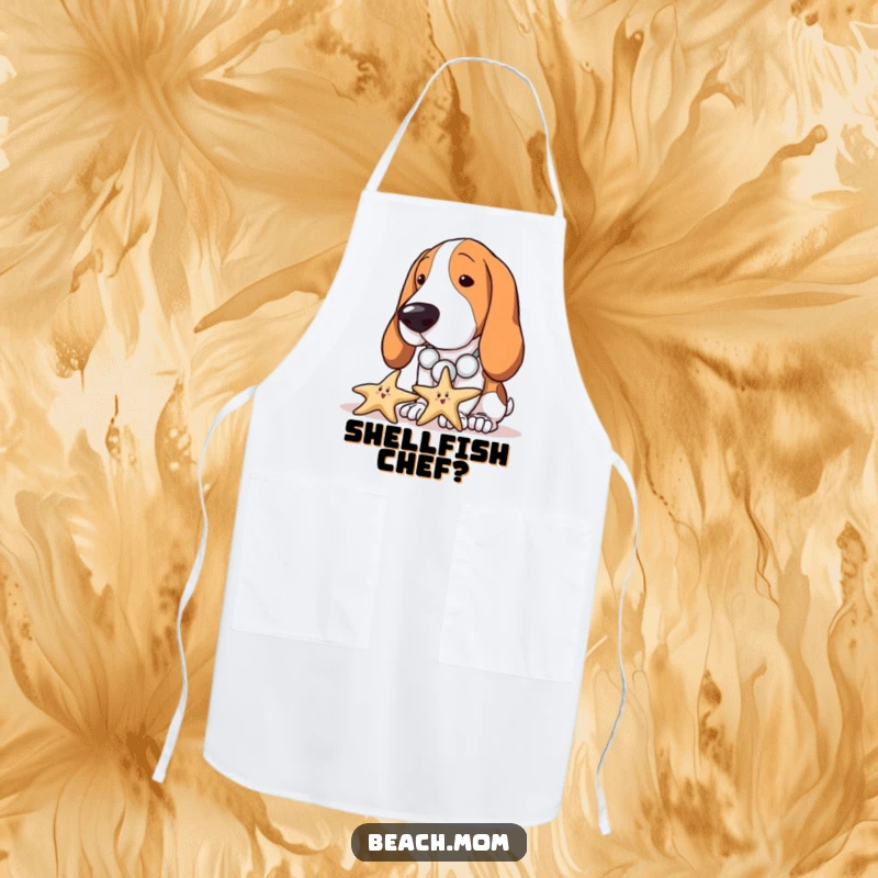Funny Basset Hound apron showing a dog with a seashell necklace curiously inspecting a starfish, perfect for a curious cook.