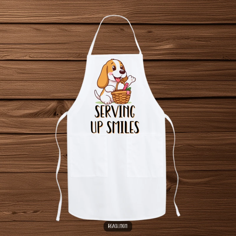 Funny Basset Hound apron showing a dog with a picnic basket, making a happy gesture to share delicious treats.