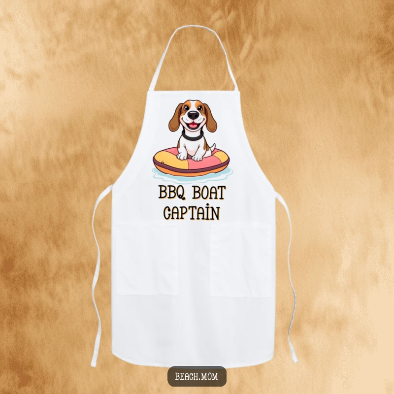 Funny Basset Hound apron showing a dog with a goofy grin riding a tiny inflatable raft, bringing humorous water fun to the kitchen.