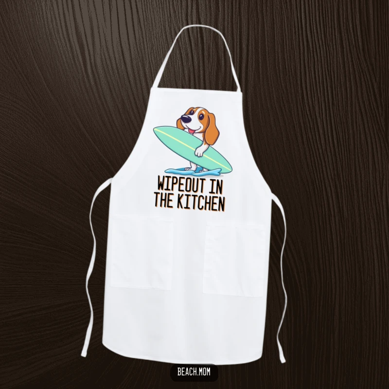 Funny Basset Hound apron showing an excited dog holding a surfboard, ready to paddle, perfect for a surf-loving cook.
