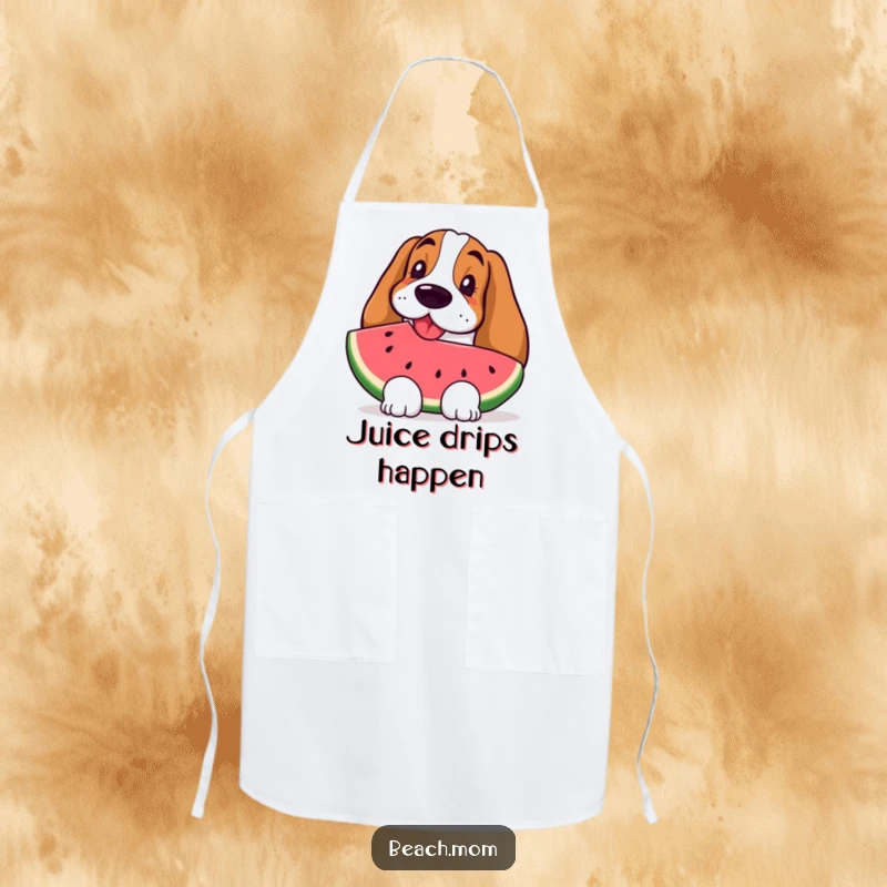 Funny Basset Hound apron with a happy dog enjoying a slice of refreshing watermelon, perfect for summer cooking.