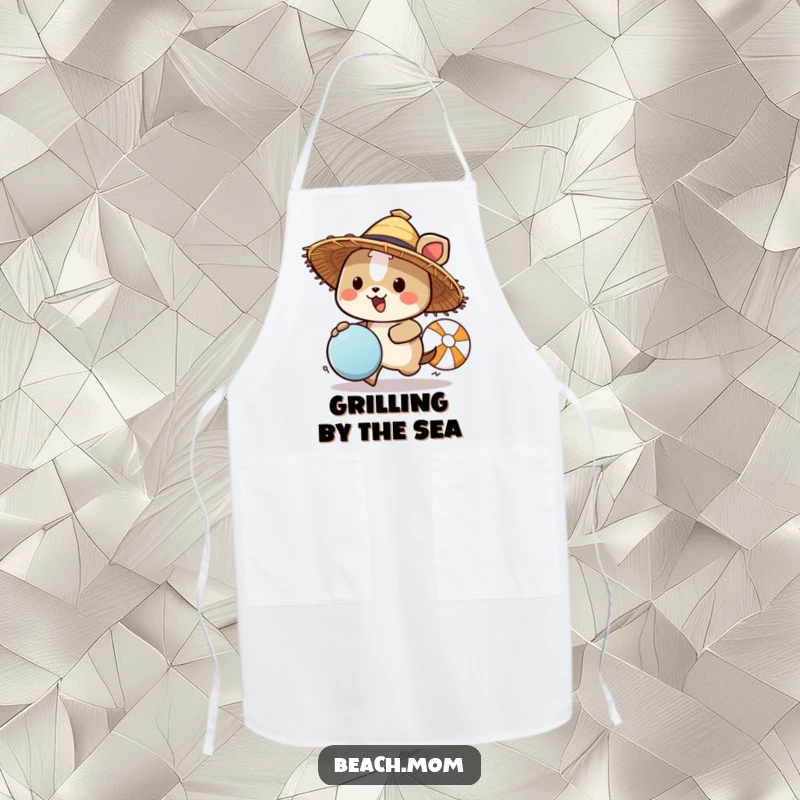 Funny animal character in a straw hat chasing a beach ball, worn as an apron, adding humorous summer fun to kitchen activities.