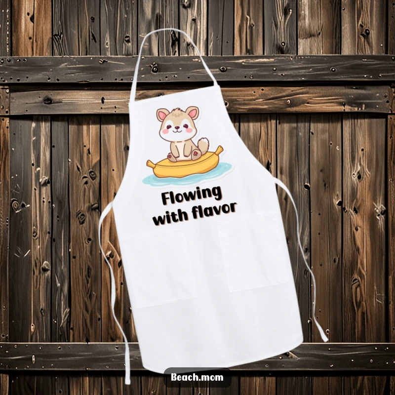 Funny animal character happily floating on a raft, symbolizing relaxation and joy, perfect for a kitchen apron.