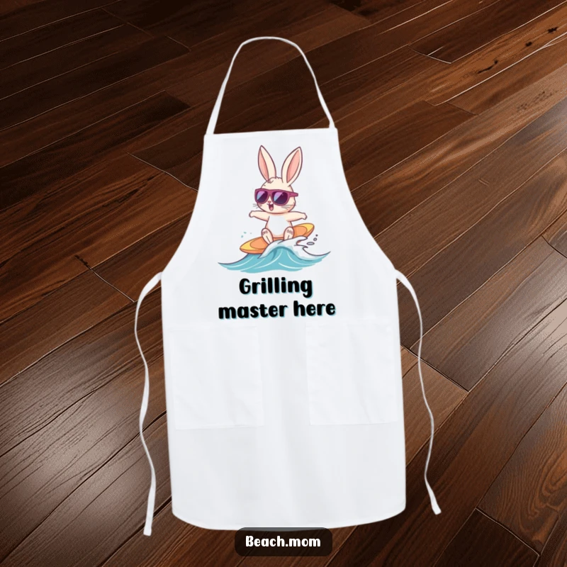 Funny Bunny Surfer apron featuring a cool bunny with sunglasses surfing a tiny wave, perfect for a humorous and protected beach BBQ experience.