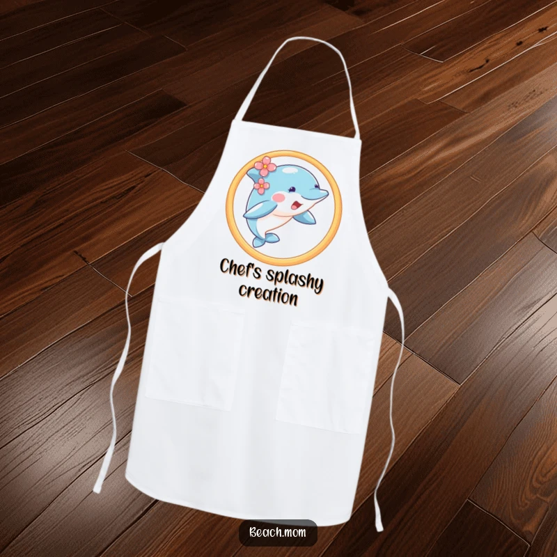 Funny dolphin wearing a flower, jumping through a hoop, on a practical kitchen apron.