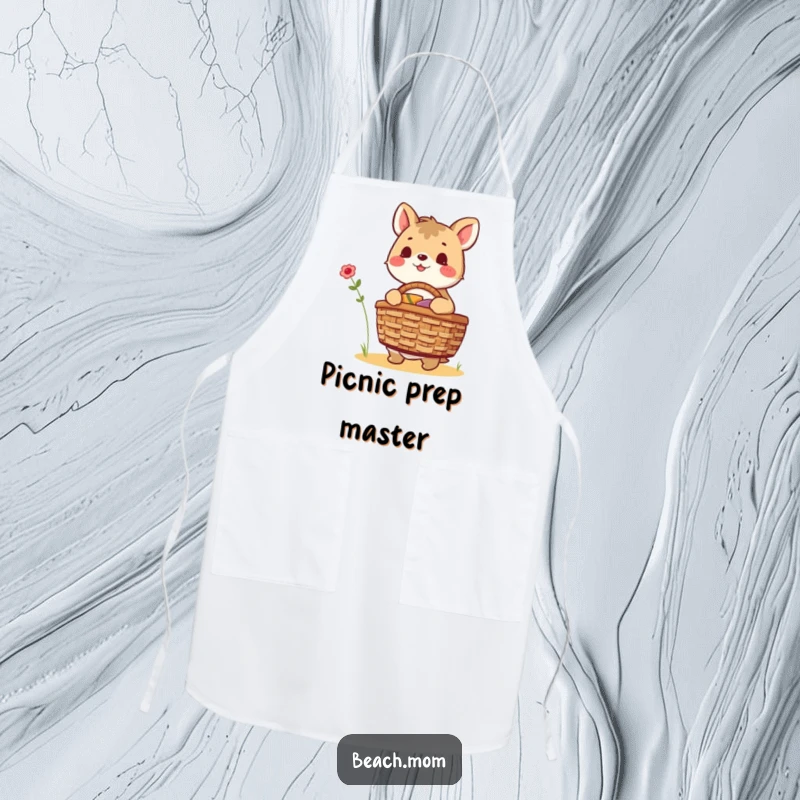 Funny animal character joyfully packing a picnic basket, ready for culinary adventures, perfect for a kitchen apron.