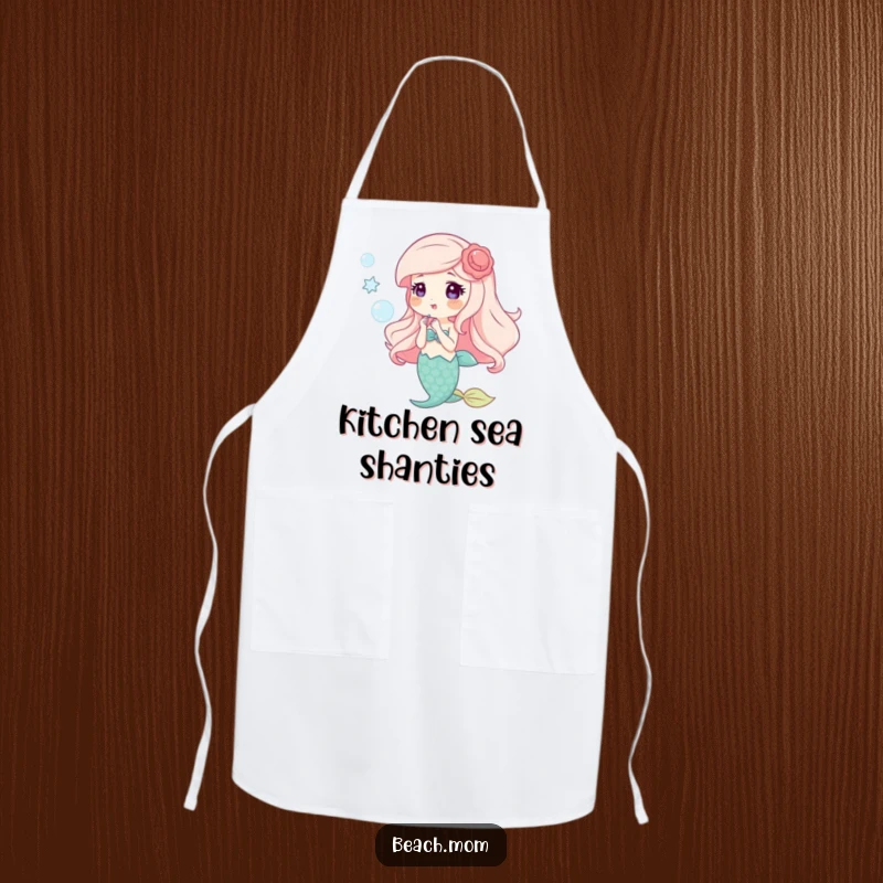Funny apron featuring a happy mermaid with shell accessories blowing bubbles, perfect for a magical cooking experience.