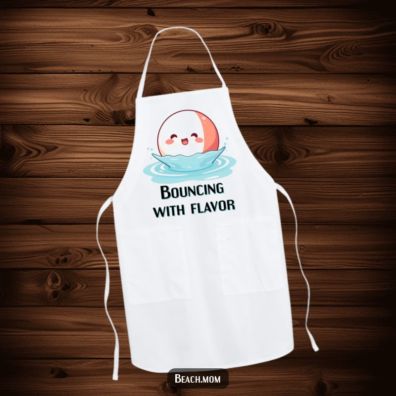 Funny Kawaii Beach Ball Apron: a cheerful beach ball character in a chef's hat bouncing on water, ready for cooking.