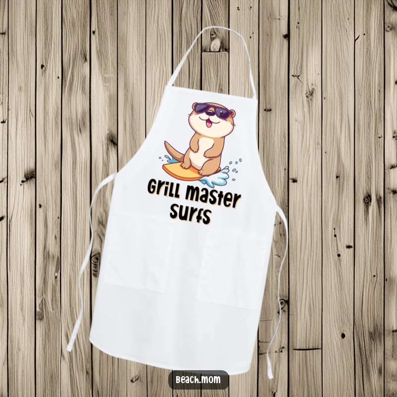Funny otter apron, a cool otter wearing sunglasses surfs a wave, for beach-themed cooking.