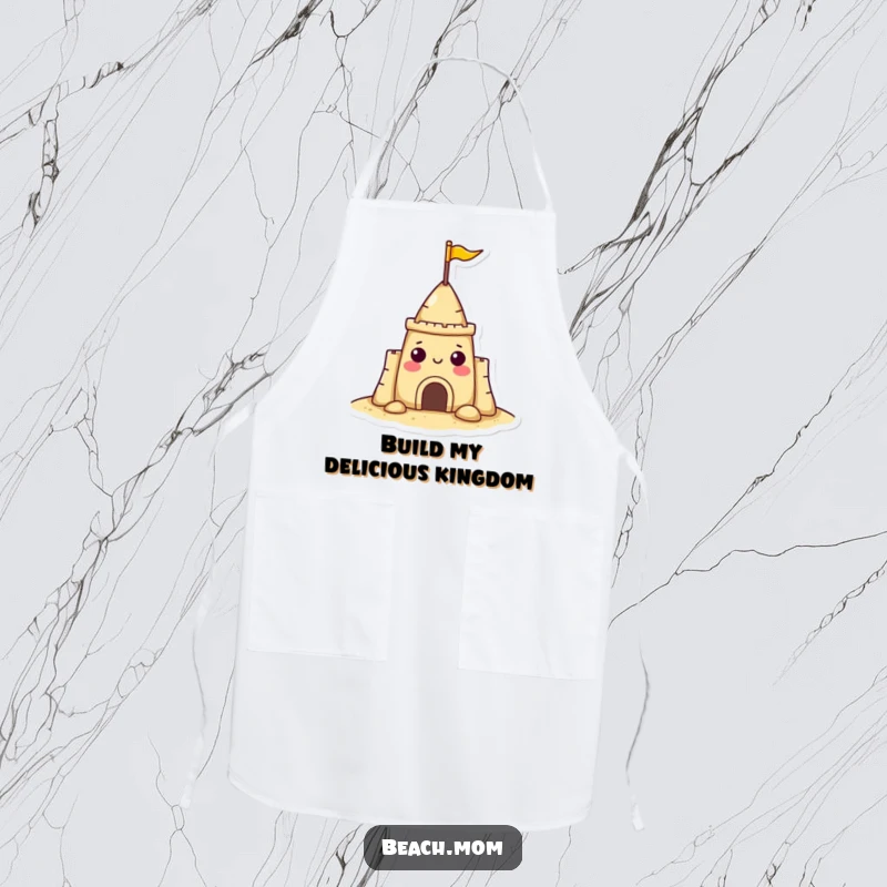 Funny sandcastle character apron with a flag, designed for cheerful kitchen adventures, protecting clothes with humor.