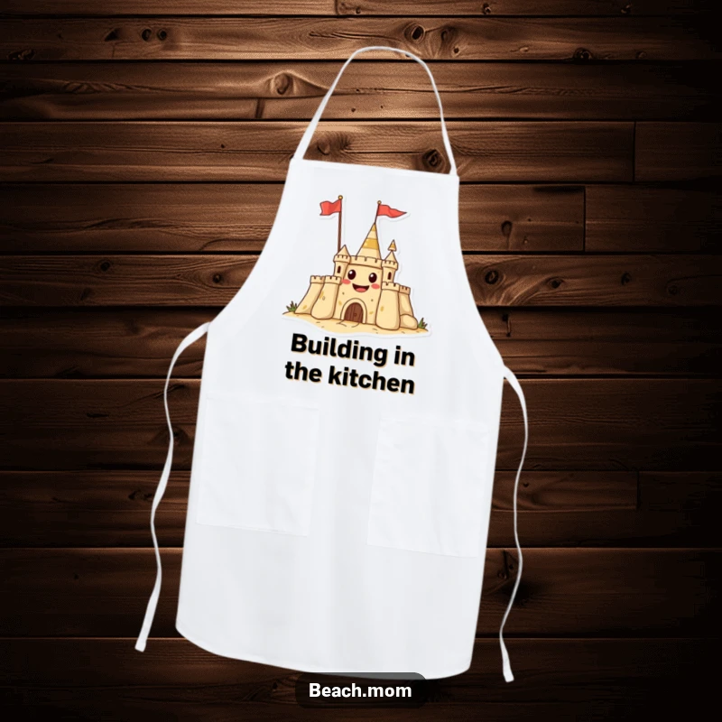Funny apron designed for chefs, featuring a grinning sandcastle waving a flag, perfect for beach-themed cooking.