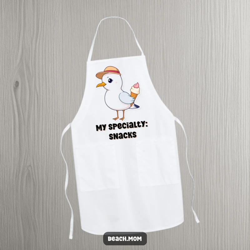 Funny apron with a seagull wearing a hat and holding an ice cream cone, ideal for kitchen duties.