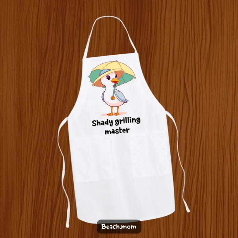 Funny apron showing a seagull wearing a straw hat and carrying a beach umbrella, perfect for adding humor to kitchen activities.