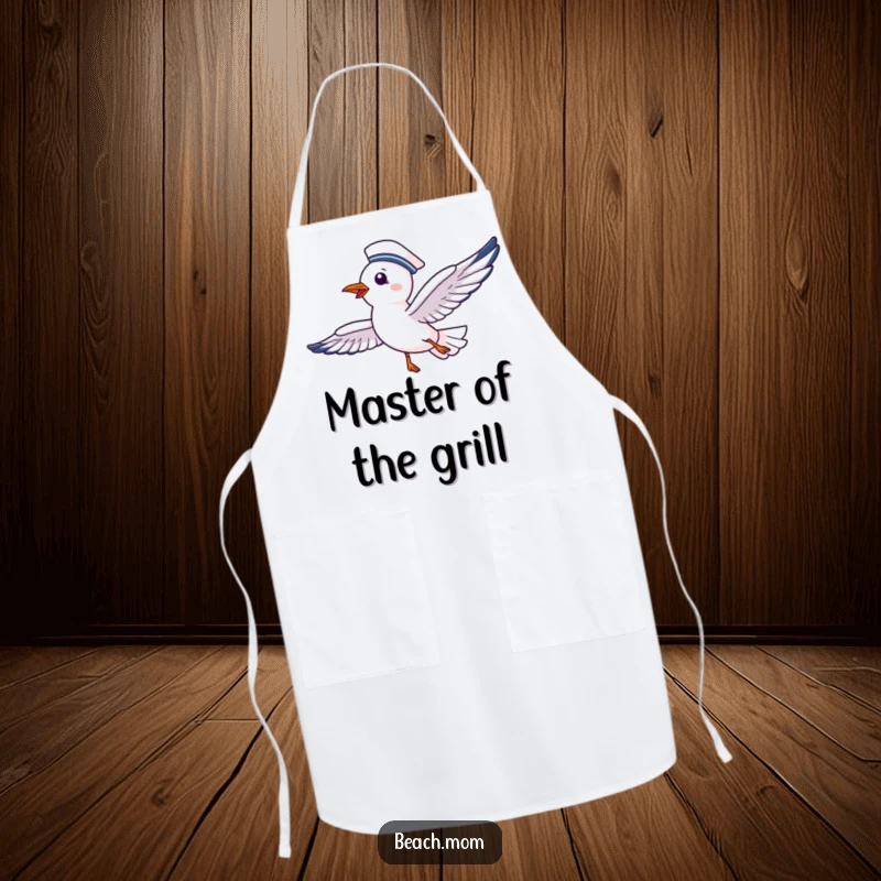 Funny apron showcasing a delighted seagull in a sailor hat, soaring happily, ready for seaside culinary adventures.