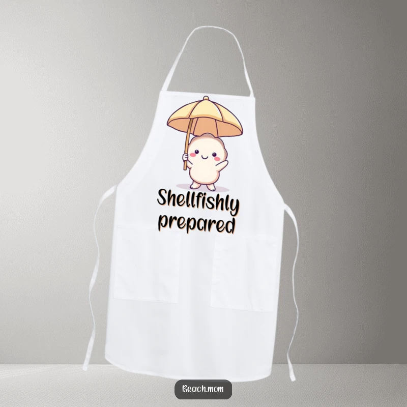 Funny smiling seashell apron with a beach umbrella, perfect for kitchen use or beach parties, a humorous and practical item.