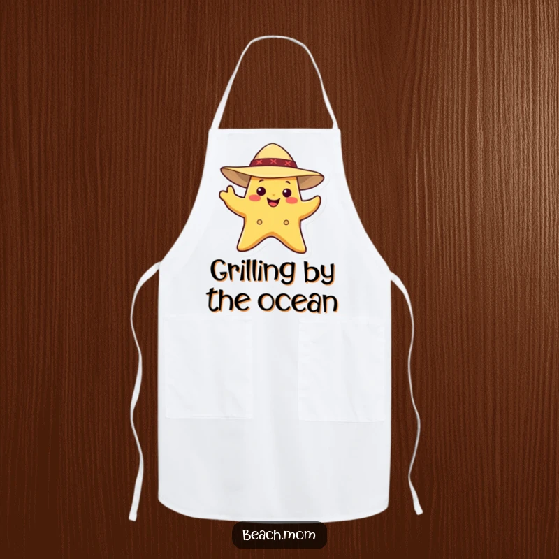 Funny Starfish Apron: A smiling starfish wearing a sun hat, waving while cooking.