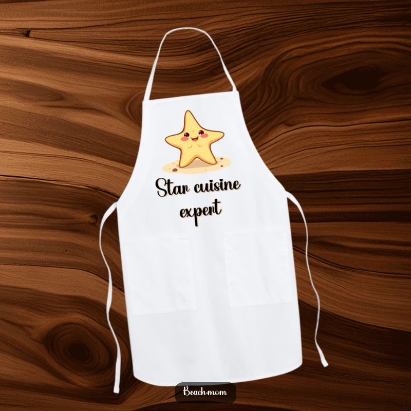 Funny Starfish Apron: a smiling starfish character in a chef's hat doing a cartwheel, ready for culinary action.