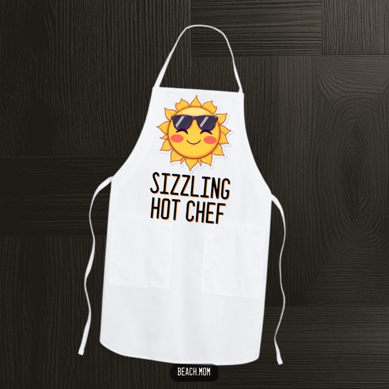 Funny apron featuring a sun wearing sunglasses and winking, perfect for a cheerful cooking experience.