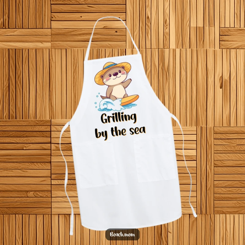 Funny sea otter apron, wearing a sun hat, surfing a small wave, perfect for keeping clean while cooking with beachy flair.