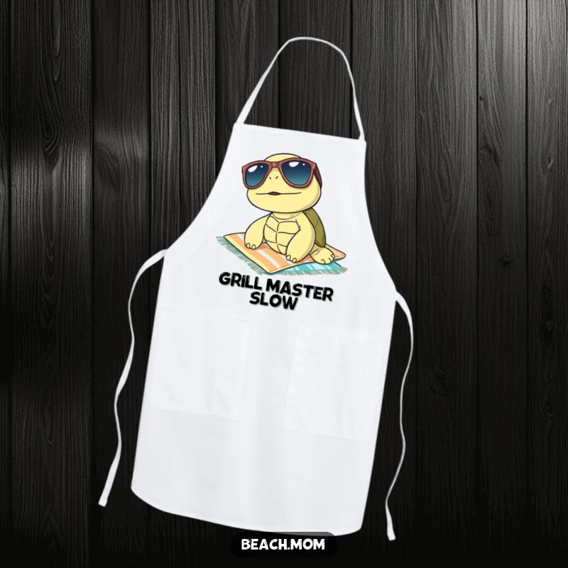 Funny turtle wearing sunglasses, sunbathing on a towel, printed on a kitchen apron, perfect for a relaxed and humorous cooking session.