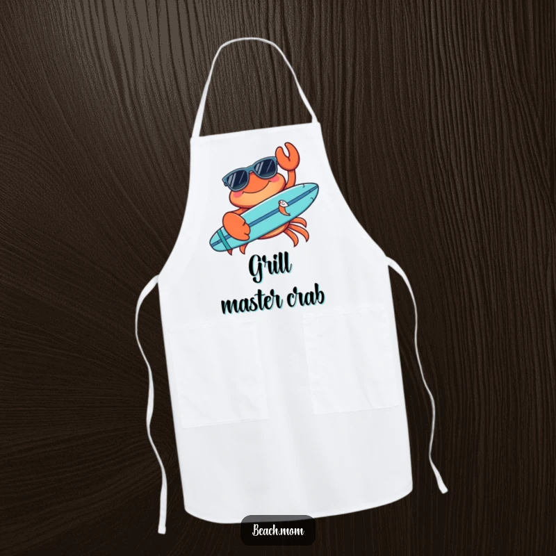 Funny crab apron depicting a cool crab with sunglasses and a surfboard, adding humorous beach party flair to kitchen wear.