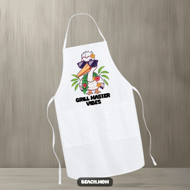 Funny apron featuring a pelican wearing sunglasses and a lei, perfect for a tropical-themed cooking experience.