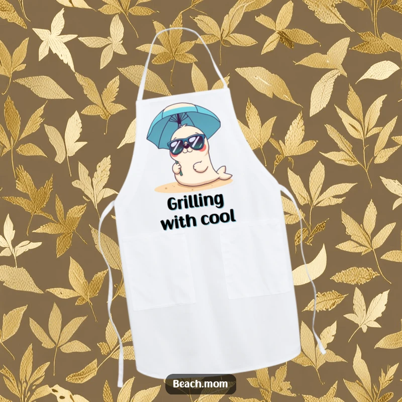 Funny Kawaii seal apron with a cute seal wearing sunglasses and holding a beach umbrella, perfect for outdoor cooking.