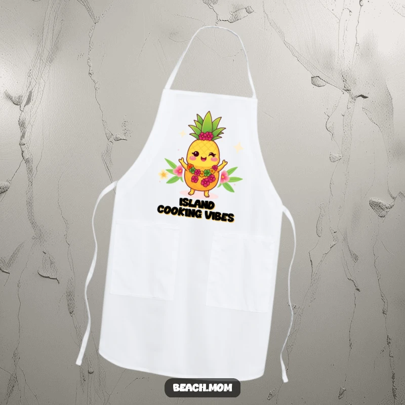 Funny Kawaii pineapple apron, cute cartoon character wearing a lei and dancing the hula, kitchen protection.