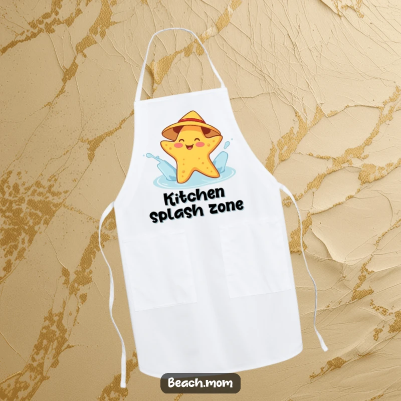 Funny starfish apron depicting a cheerful character in a sunhat splashing water, adding humorous ocean playfulness to kitchen wear.