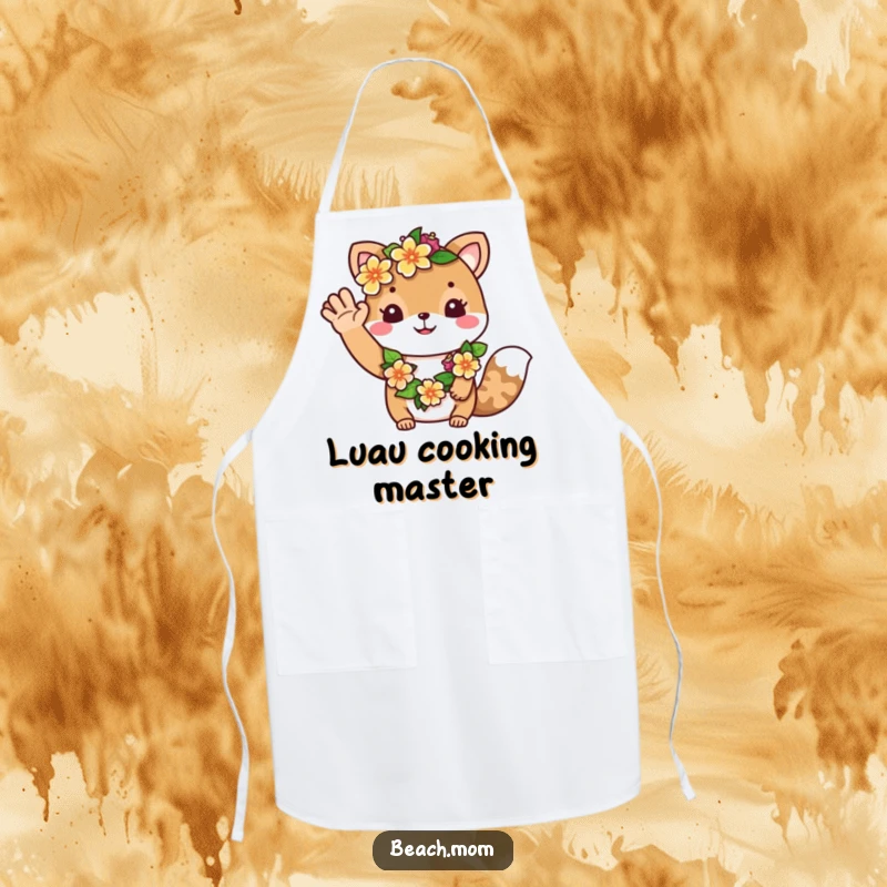 Funny apron: A friendly animal character wearing a flower lei waves a welcoming greeting, perfect for kitchen fun.