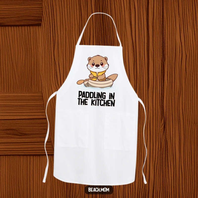Funny apron for chefs, showing a cute otter in a life vest, paddling a raft, ready for culinary adventures.