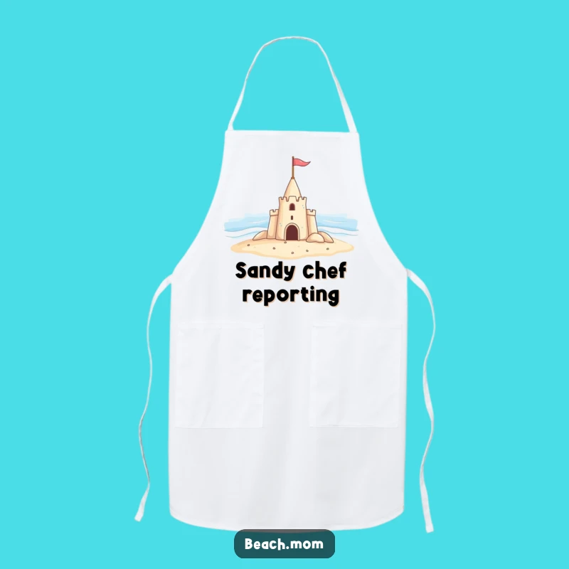Funny Sandcastle Kitchen Apron: Cheerful Castle Waving Flag at Ocean