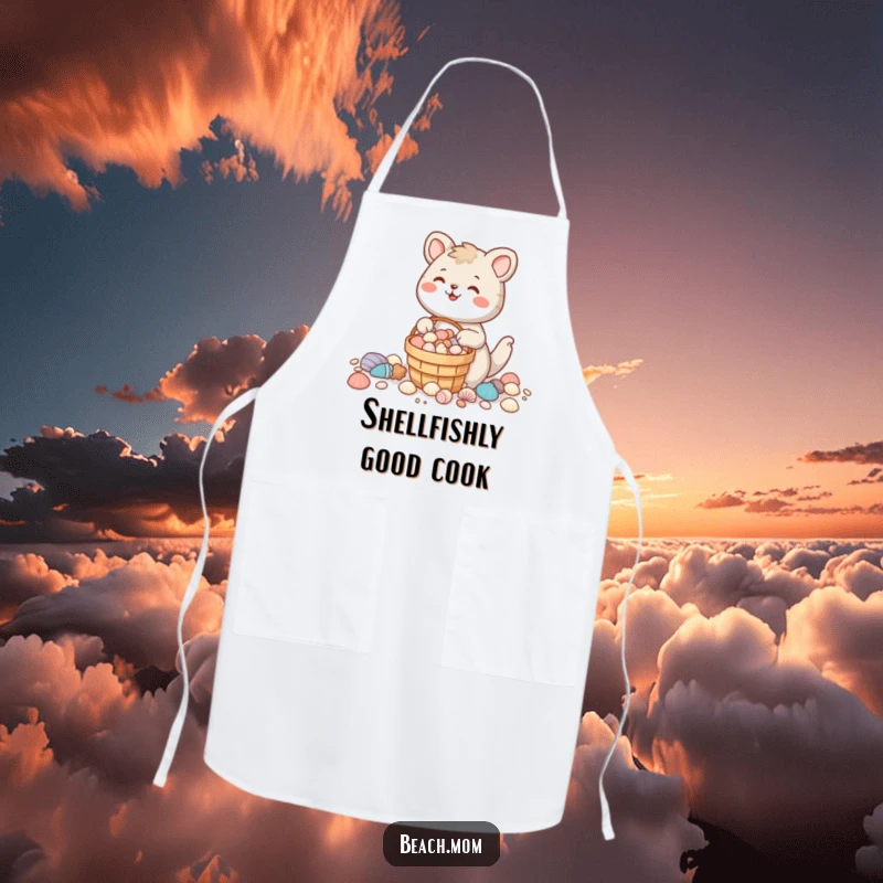 Funny animal character collecting seashells with a full bucket, smiling, ideal for a kitchen apron.