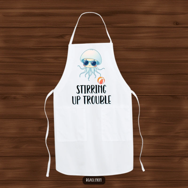 Funny Jellyfish Shades Apron: A practical apron featuring a jellyfish in sunglasses near a beach ball, ideal for funny beach-themed cooking.