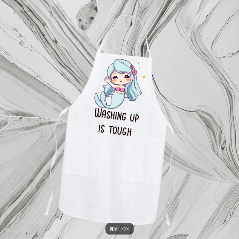Funny Kawaii mermaid apron, cute cartoon assistant with a glittering tail, waving hello while cooking.