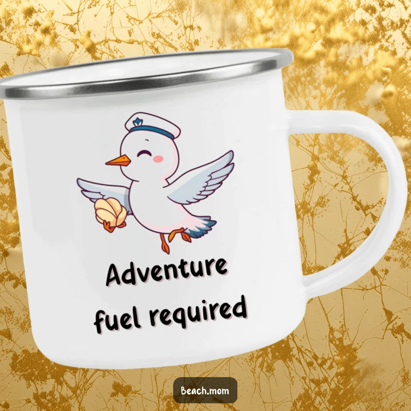 Funny camping mug with a giggling seagull wearing a sailor cap, flying with a seashell, for seaside adventures.