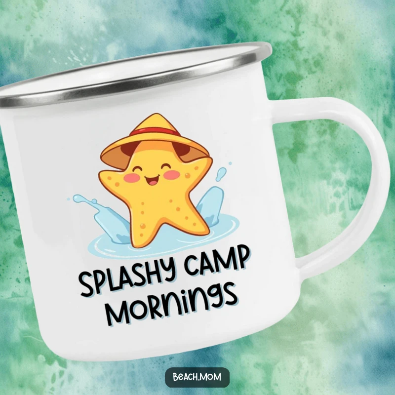 Funny starfish camping mug showing a cheerful character in a sunhat splashing water, embodying humorous ocean adventure for outdoor enjoyment.