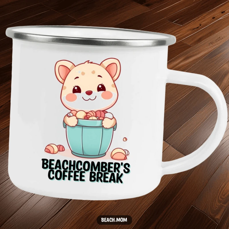 Funny camping mug: An animal character smiles proudly holding a bucket full of seashells, ideal for enjoying nature.