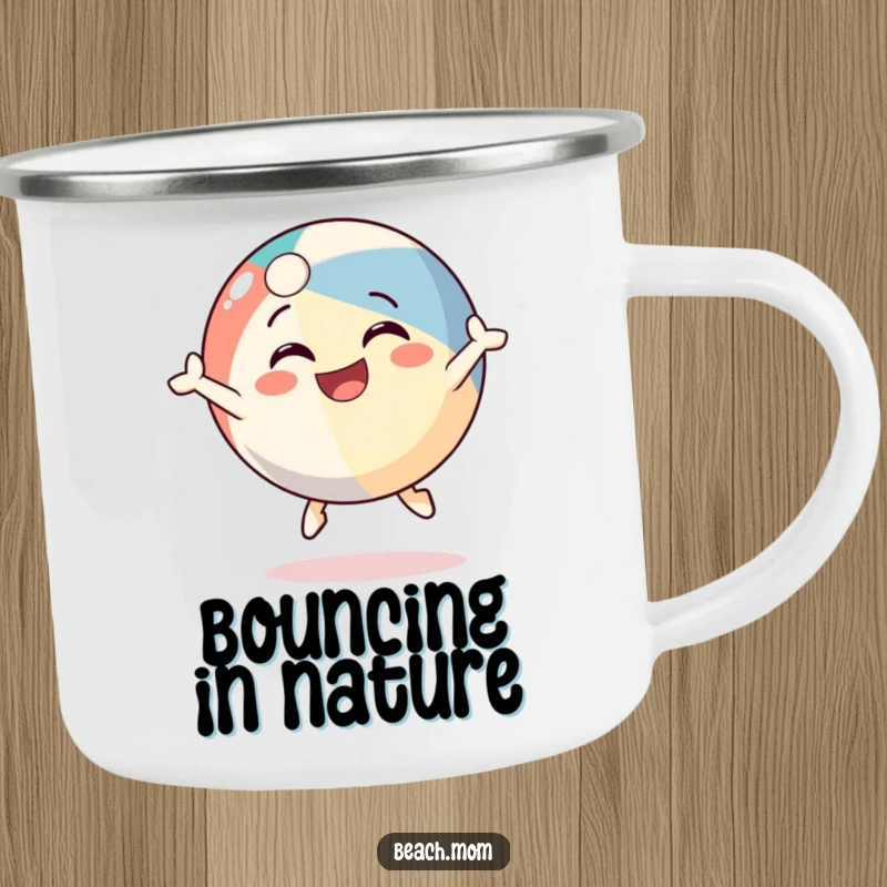 Funny beach ball character camping mug, depicted bouncing with a happy grin, ready for outdoor fun and gifting.