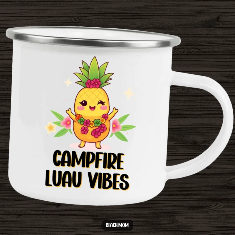 Funny Kawaii pineapple camping mug, durable cup featuring a cartoon character in a lei, dancing the hula.