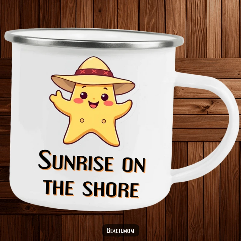 Funny Starfish Camping Mug: A smiling starfish wearing a sun hat, waving, for outdoor fun.