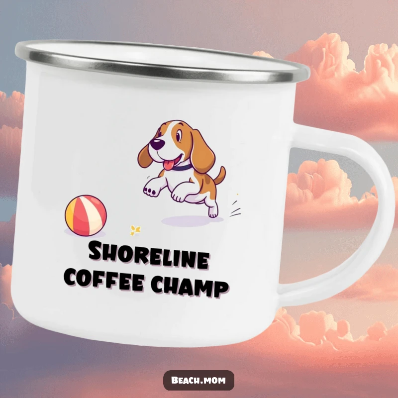 Funny Basset Hound camping mug showing a dog playfully chasing a beach ball on the shore, perfect for seaside adventures.