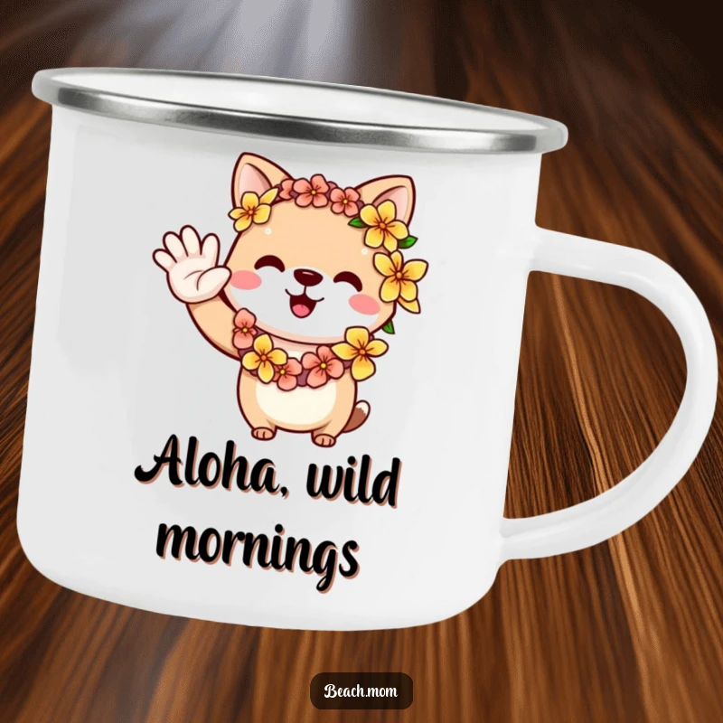 Funny animal character wearing a flower lei, waving hello, perfect for a durable camping mug.