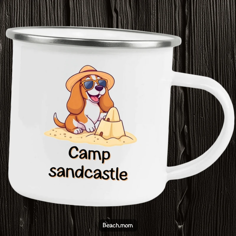 Funny Basset Hound Beach Camping Mug: A happy Basset hound builds a sandcastle, perfect for outdoor summer fun, a funny gift.